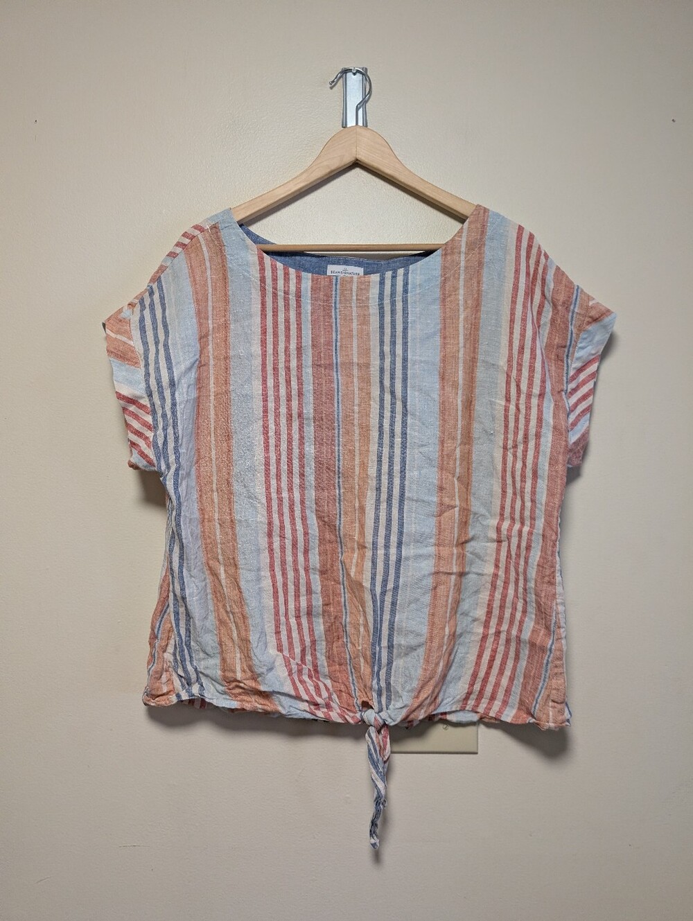 L.L.Bean Signature 100% Linen Tie Front Striped Top Large